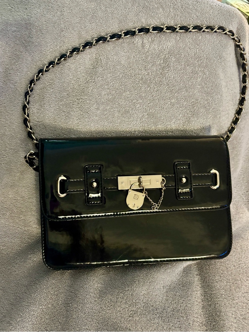 Anne Klein Black Patent Shoulder Bag Chain Strap Lock Detail